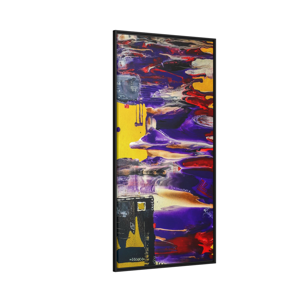 "Tribal Wave" by Freebrd Abstract Mesa Wall Décor on a 1.25" canvas showcasing yellow, red, burgundy, black, purple and grey colors with white geometric tribal accents solidified with a Black coated wood frame