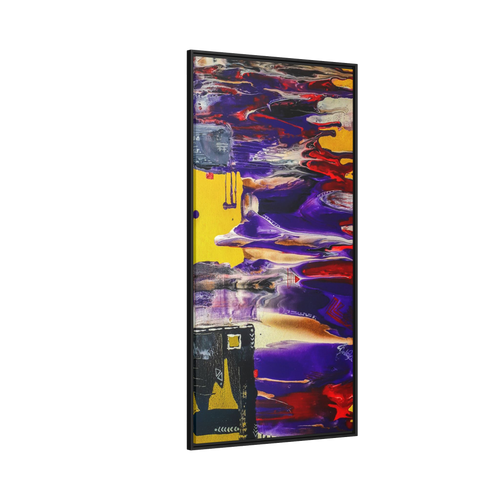 "Tribal Wave" by Freebrd Abstract Mesa Wall Décor on a 1.25" canvas showcasing yellow, red, burgundy, black, purple and grey colors with white geometric tribal accents solidified with a Black coated wood frame