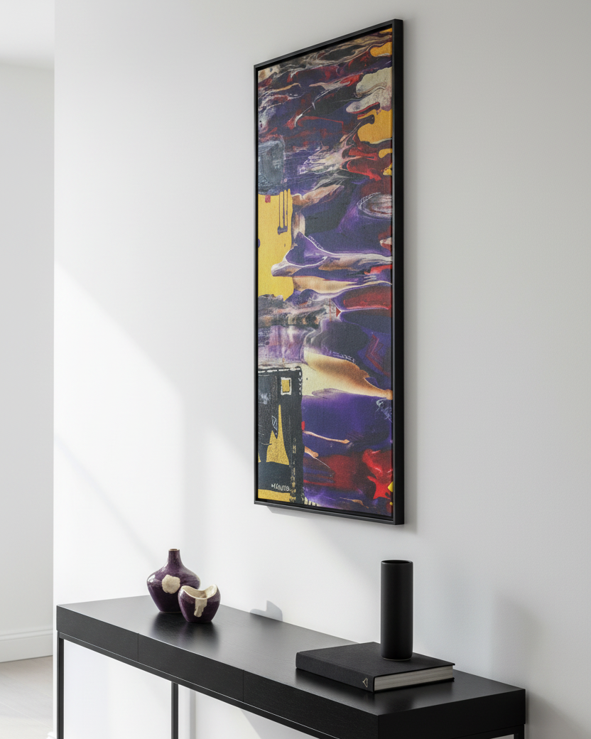 Freebrd "Tribal Wave" Abstract painting on a white wall above a black console table with decorative items.