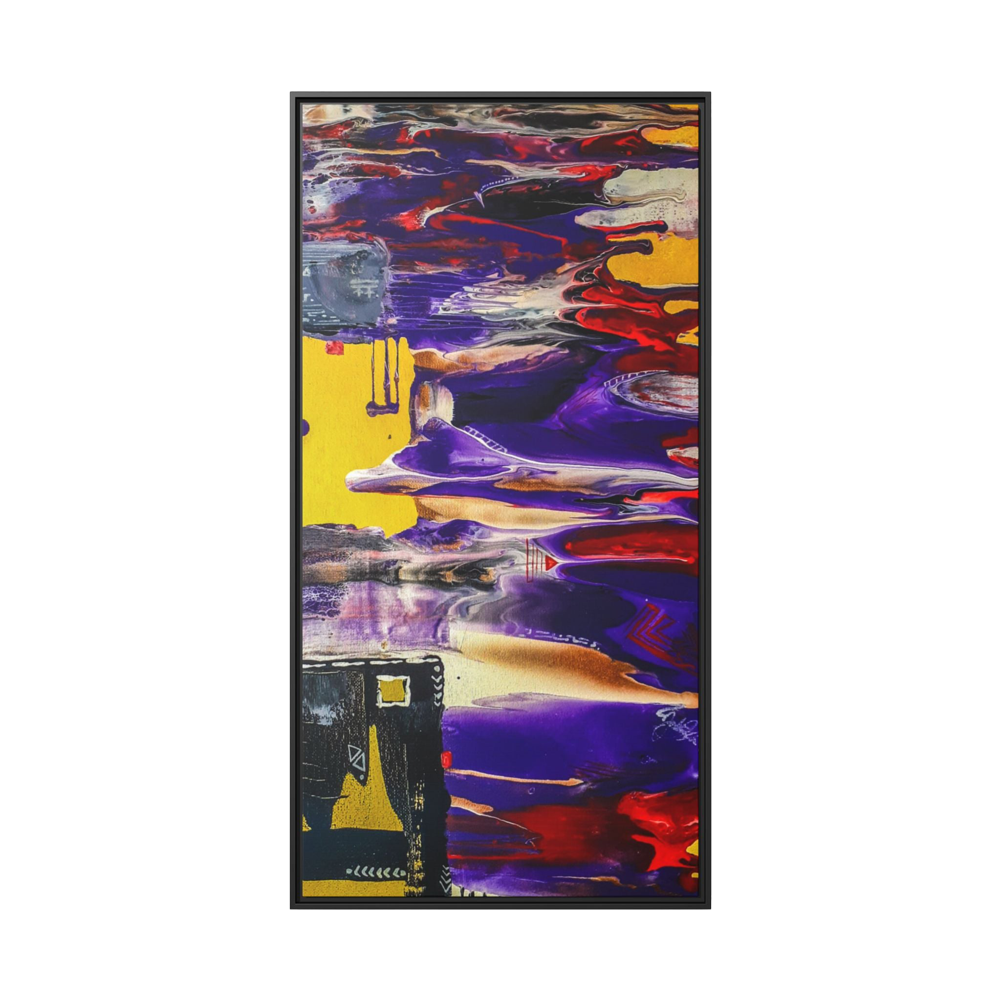 30" x 60" "Tribal Wave" by Freebrd Abstract Mesa Wall Décor on a 1.25" canvas showcasing yellow, red, burgundy, black, purple and grey colors with white geometric tribal accents solidified with a Black coated wood frame