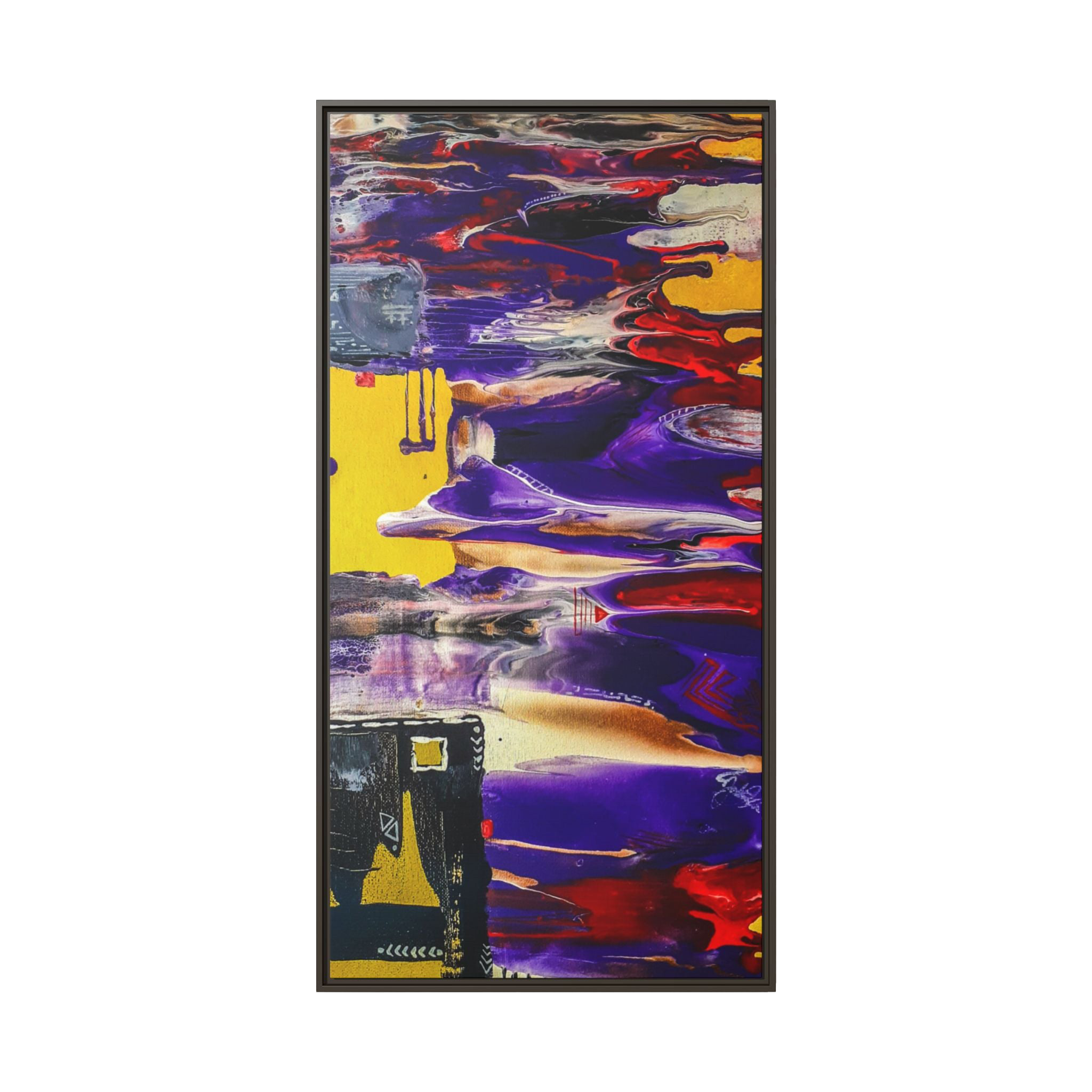 30" x 60" "Tribal Wave" by Freebrd Abstract Mesa Wall Décor on a 1.25" canvas showcasing yellow, red, burgundy, black, purple and grey colors with white geometric tribal accents solidified with an espresso coated wood frame