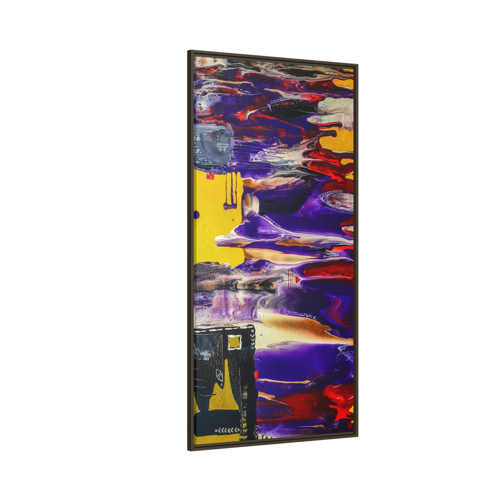 30" x 60" "Tribal Wave" by Freebrd Abstract Mesa Wall Décor on a 1.25" canvas showcasing yellow, red, burgundy, black, purple and grey colors with white geometric tribal accents solidified with an espresso coated wood frame