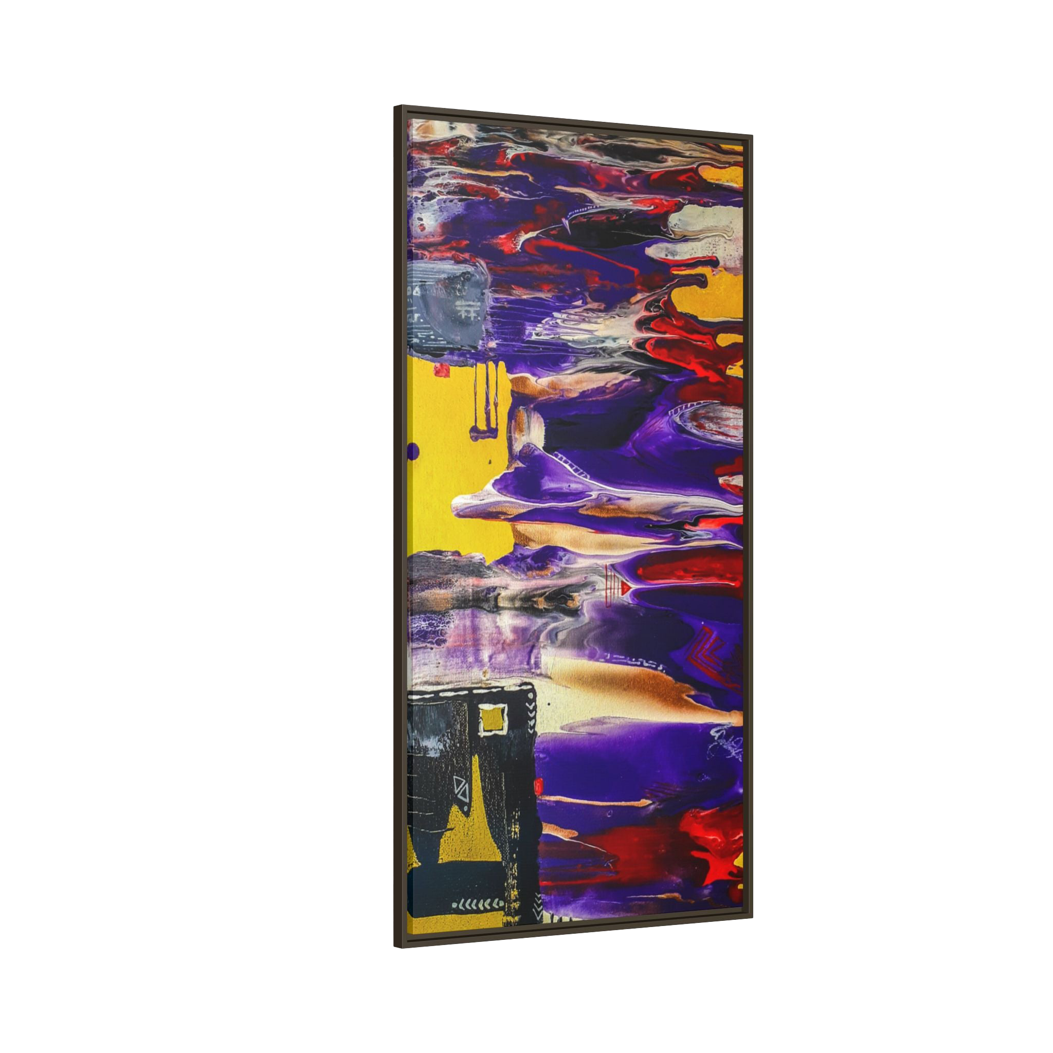 30" x 60" "Tribal Wave" by Freebrd Abstract Mesa Wall Décor on a 1.25" canvas showcasing yellow, red, burgundy, black, purple and grey colors with white geometric tribal accents solidified with an espresso coated wood frame