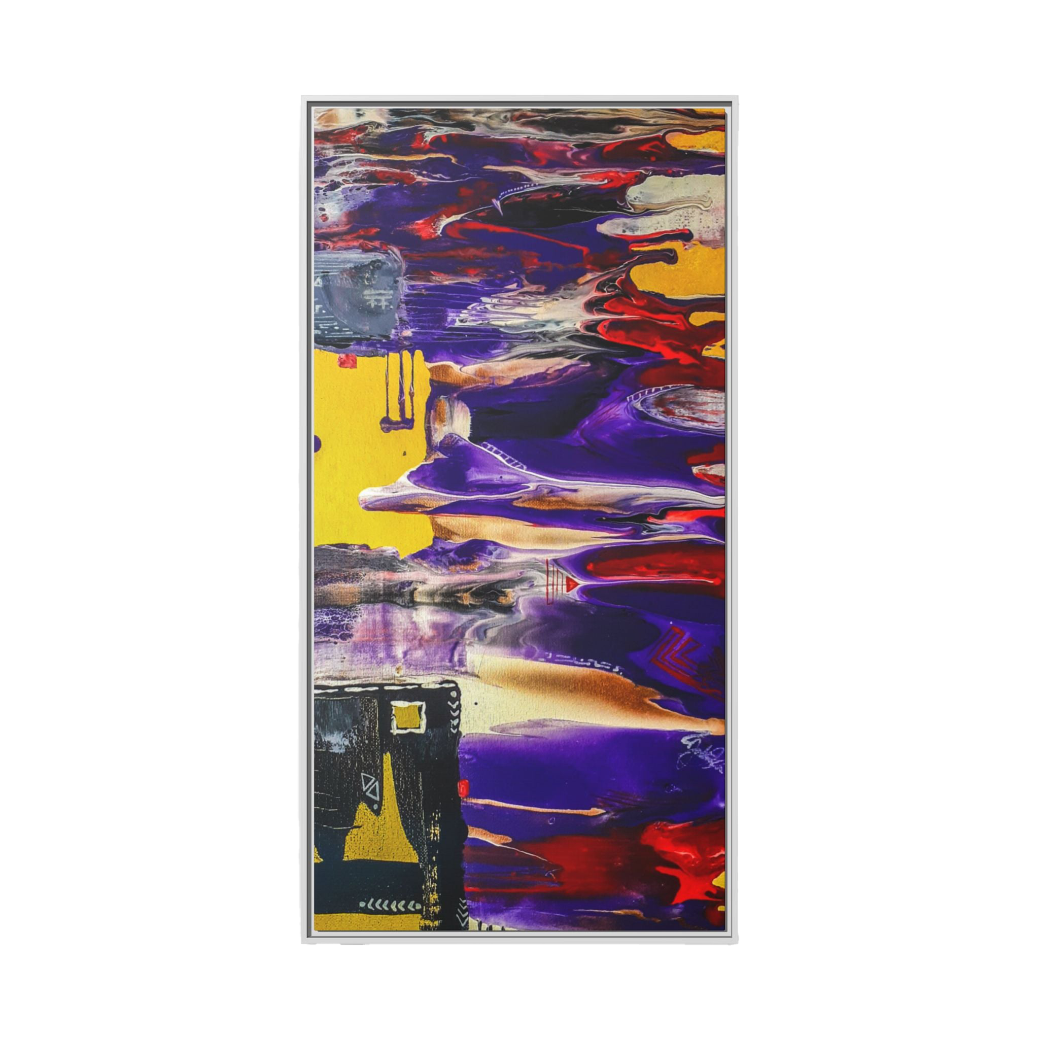 30" x 60" "Tribal Wave" by Freebrd Abstract Mesa Wall Décor on a 1.25" canvas showcasing yellow, red, burgundy, black, purple and grey colors with white geometric tribal accents solidified with a white coated wood frame
