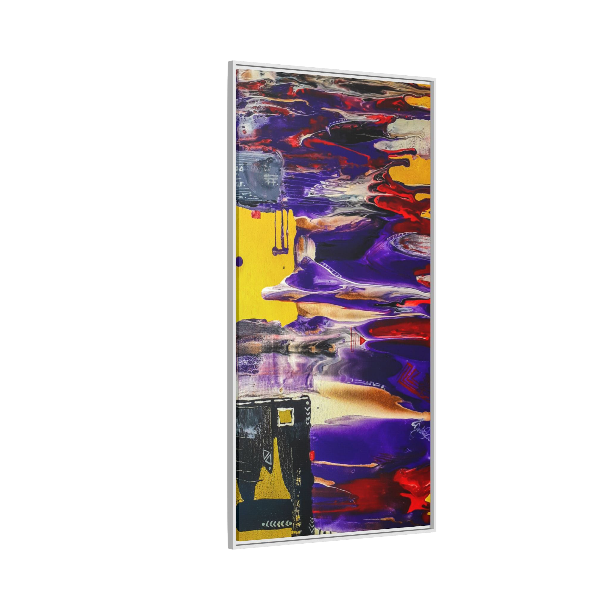 30" x 60" "Tribal Wave" by Freebrd Abstract Mesa Wall Décor on a 1.25" canvas showcasing yellow, red, burgundy, black, purple and grey colors with white geometric tribal accents solidified with a white coated wood frame
