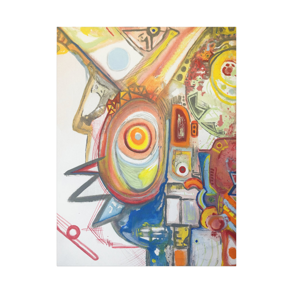 36" x 48" Freebrd "Bird Man" Contemporary Abstract Canvas Art displaying shades of red, yellow blues and greens on a 1.25 inch thick canvas