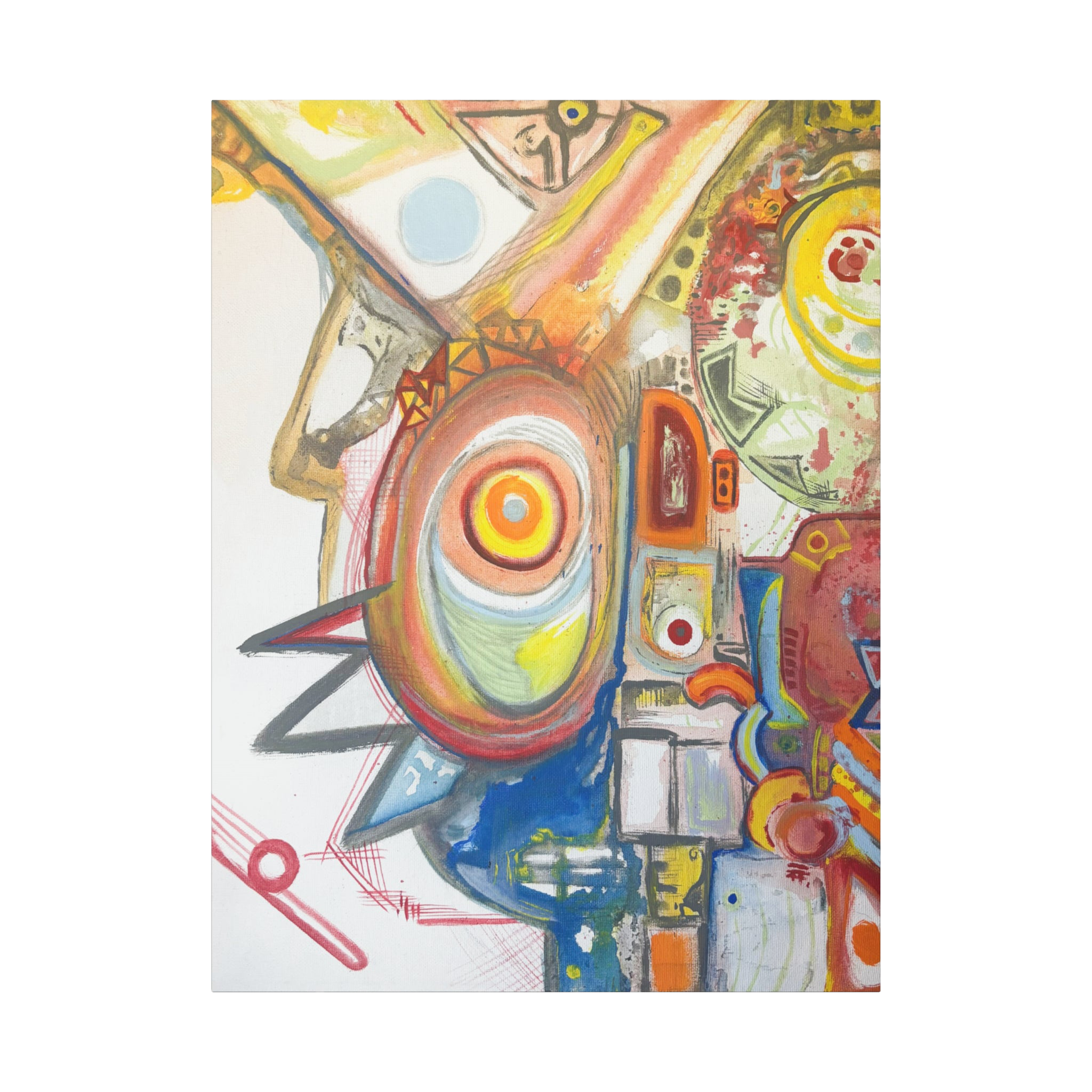 36" x 48" Freebrd "Bird Man" Contemporary Abstract Canvas Art displaying shades of red, yellow blues and greens on a 1.25 inch thick canvas