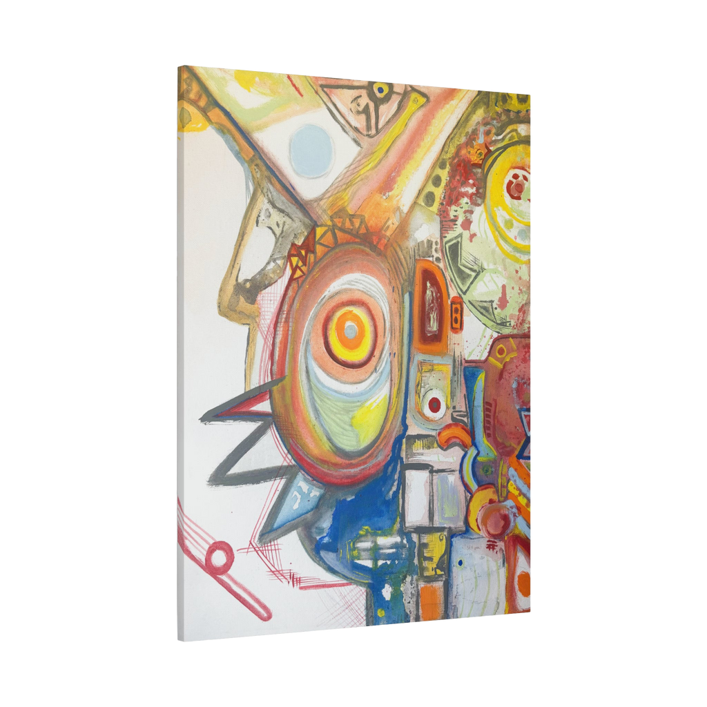 36" x 48" Freebrd "Bird Man" Contemporary Abstract Canvas Art displaying shades of red, yellow blues and greens on a 1.25 inch thick canvas

