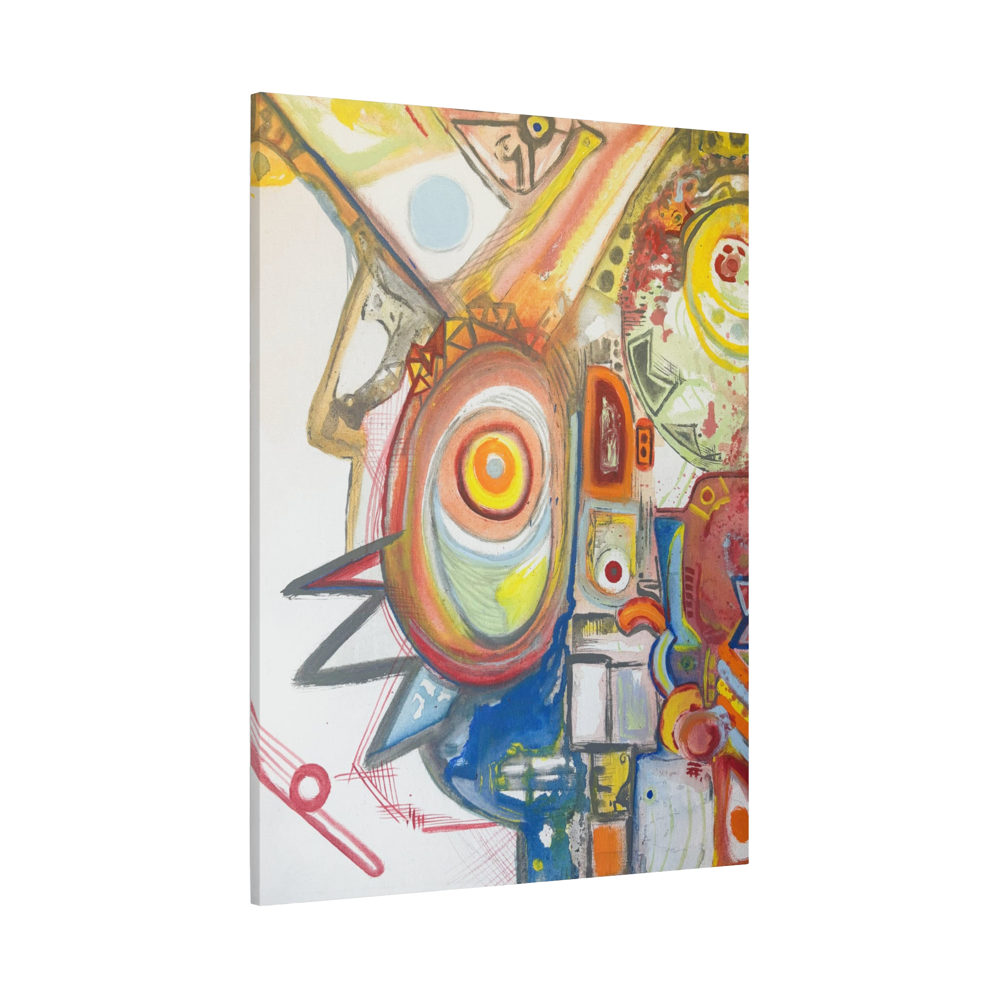 36" x 48" Freebrd "Bird Man" Contemporary Abstract Canvas Art displaying shades of red, yellow blues and greens on a 1.25 inch thick canvas

