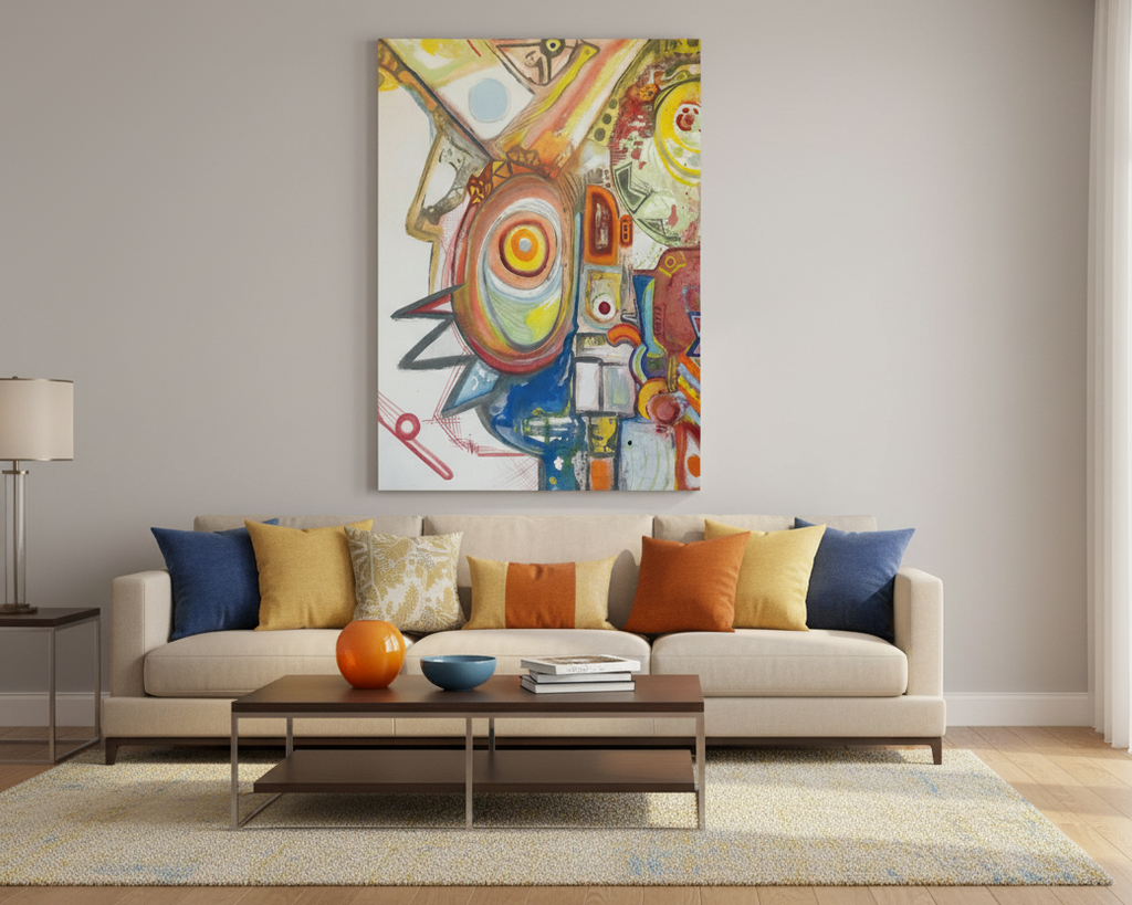 Living room with a Freebrd’s “Sky Man” abstract painting above a beige sofa with patterned cushions.