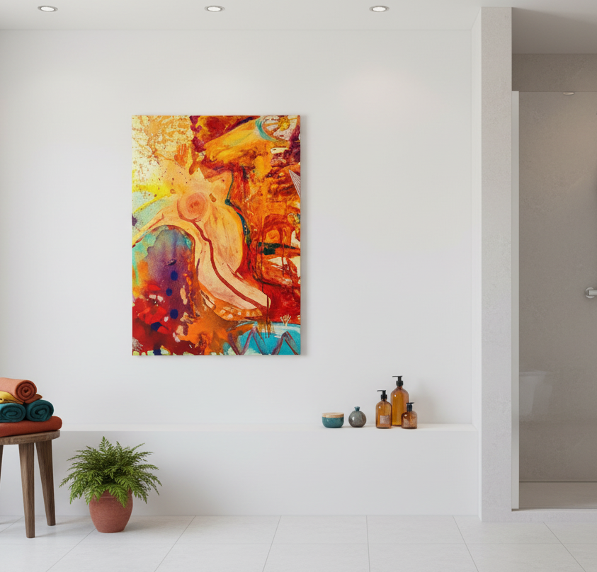 Freebrd’s “WWW” abstract painting on a white wall with a small table and plants below.