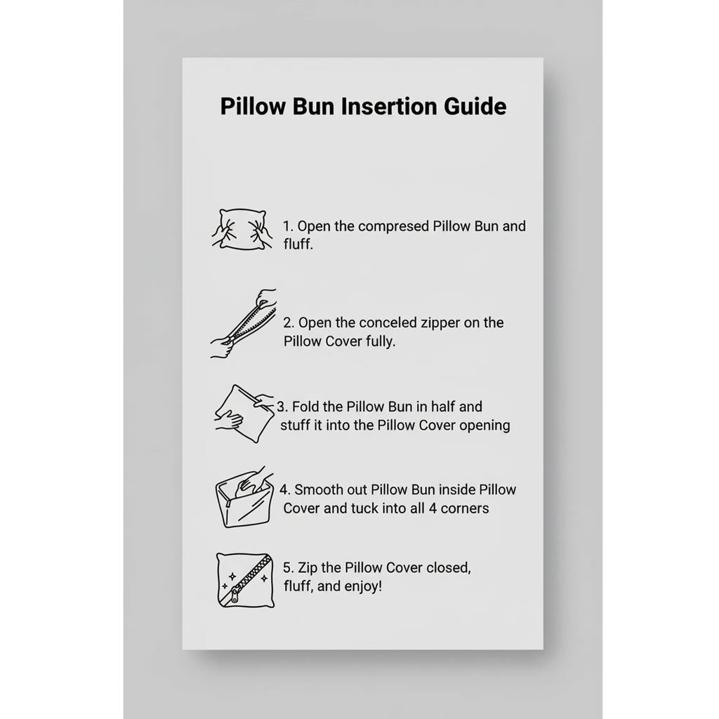 Pillow Bun insertion guide, 5-step illustrated instructions for inserting pillow insert into faux suede cover, front view.