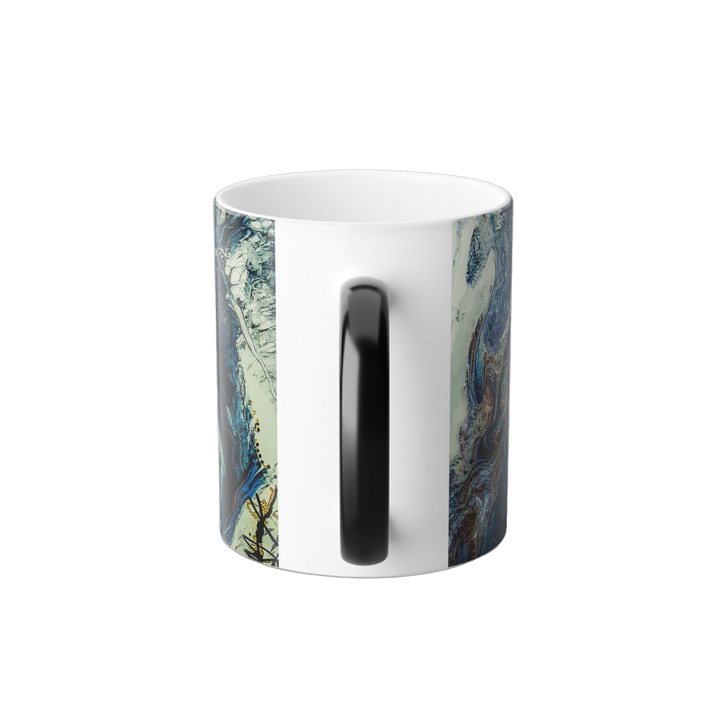 Freebrd Abstract Art Color Changing Mug Back of cup with black handle that changes to white when hot; displaying navy, white, gold, magenta, black and shades of red