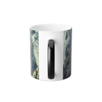 Freebrd Abstract Art Color Changing Mug Back of cup with black handle that changes to white when hot; displaying navy, white, gold, magenta, black and shades of red