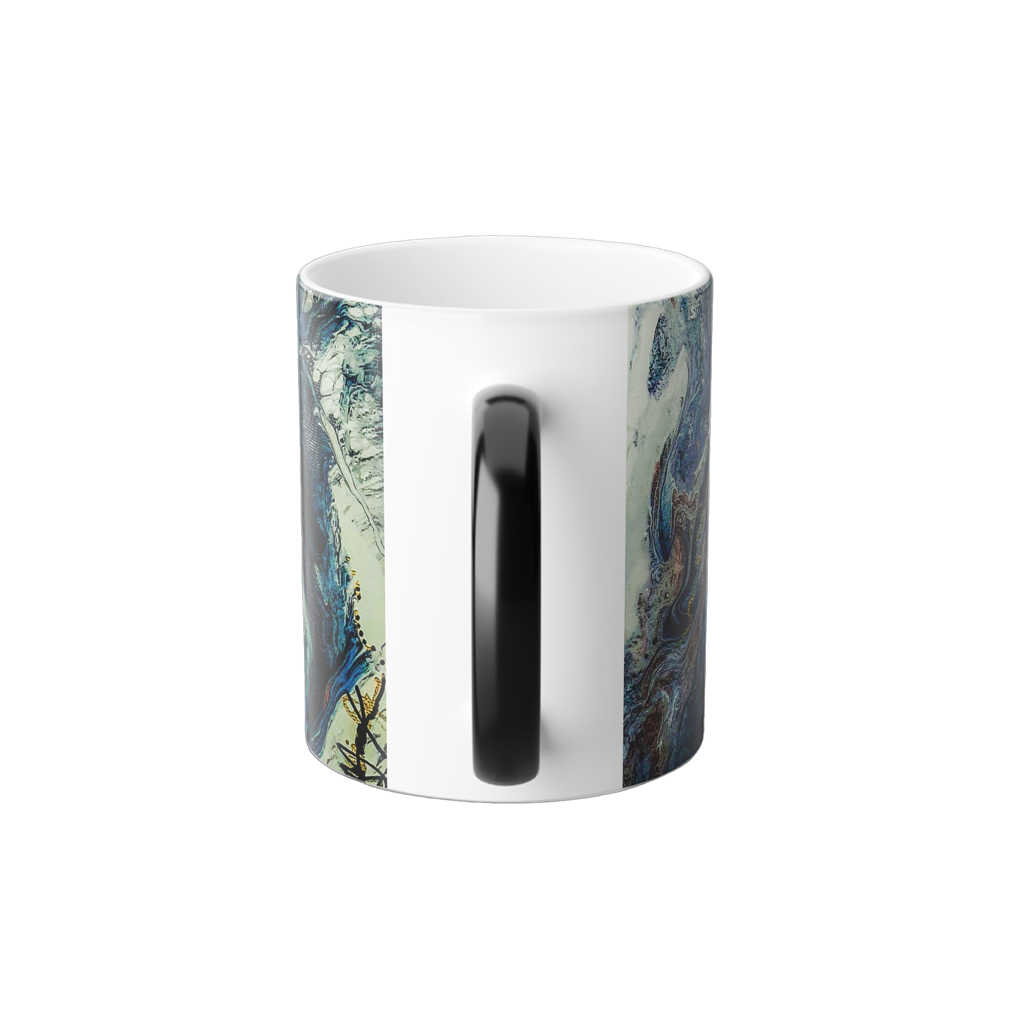 Freebrd Abstract Art Color Changing Mug Back of cup with black handle that changes to white when hot; displaying navy, white, gold, magenta, black and shades of red