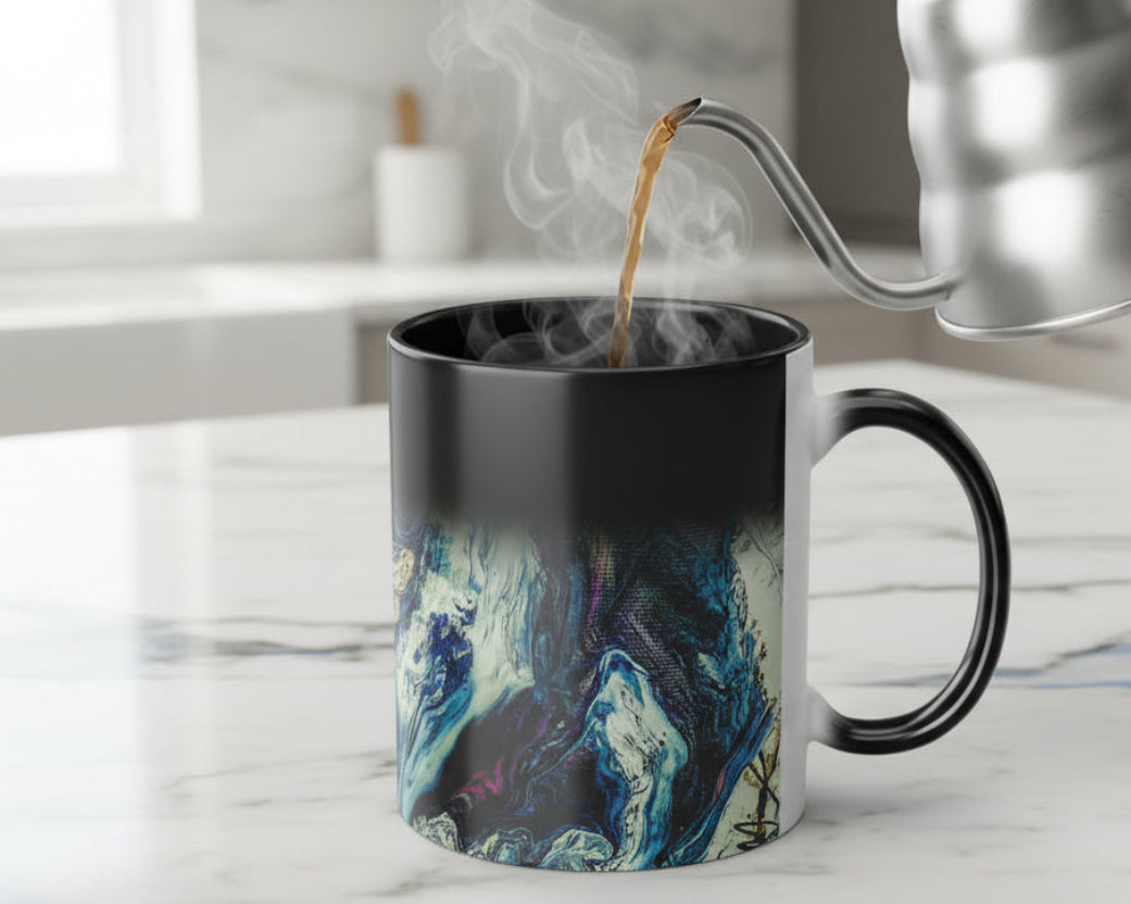Person pouring coffee from a silver kettle into a Freebrd abstract mug 