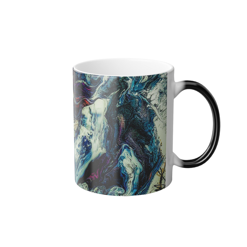 Freebrd Abstract Art Color Changing Mug displaying navy, white, gold, magenta, black and shades of red. Black handle display when the handle is cold, when hot the handle turns white. 