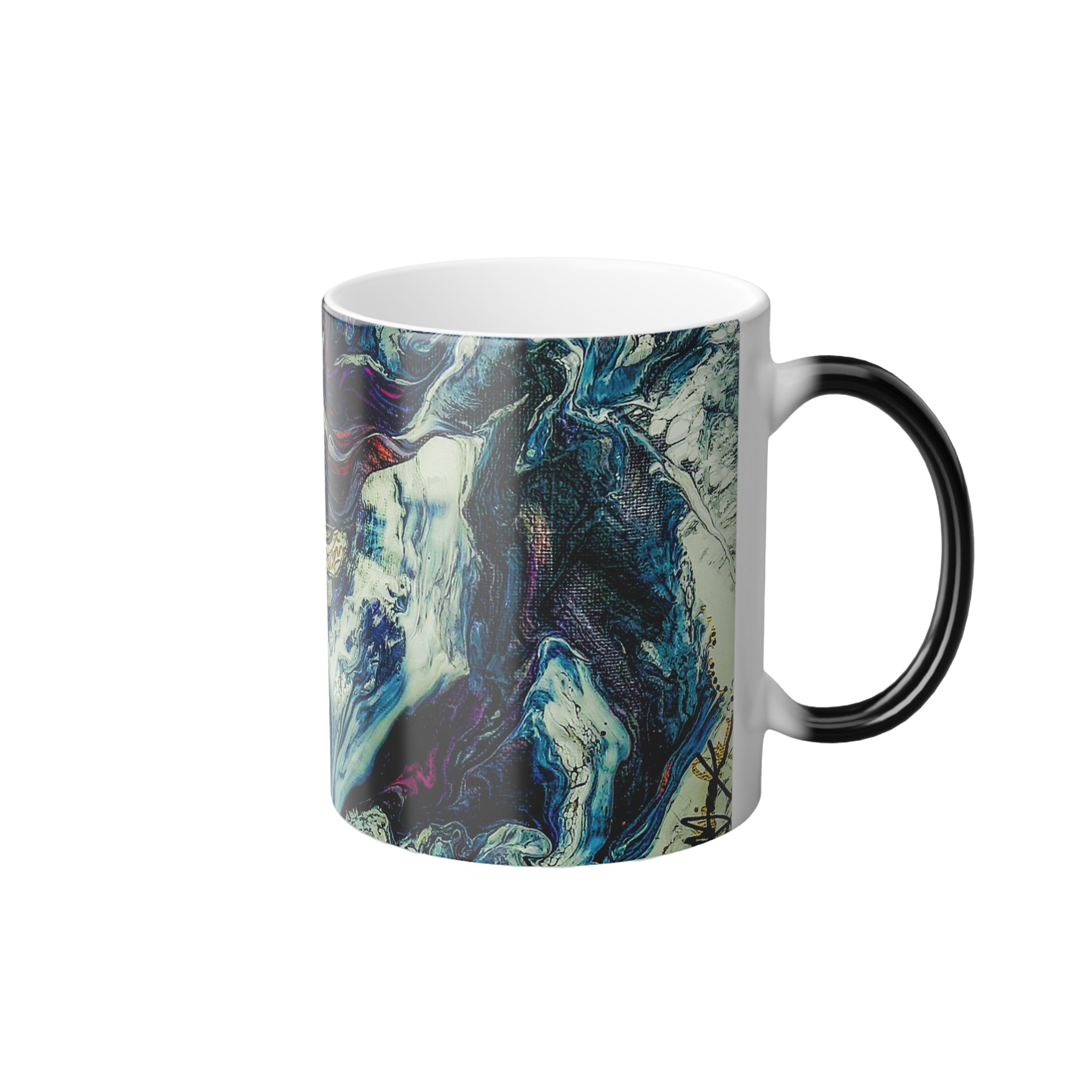 Freebrd Abstract Art Color Changing Mug displaying navy, white, gold, magenta, black and shades of red. Black handle display when the handle is cold, when hot the handle turns white. 