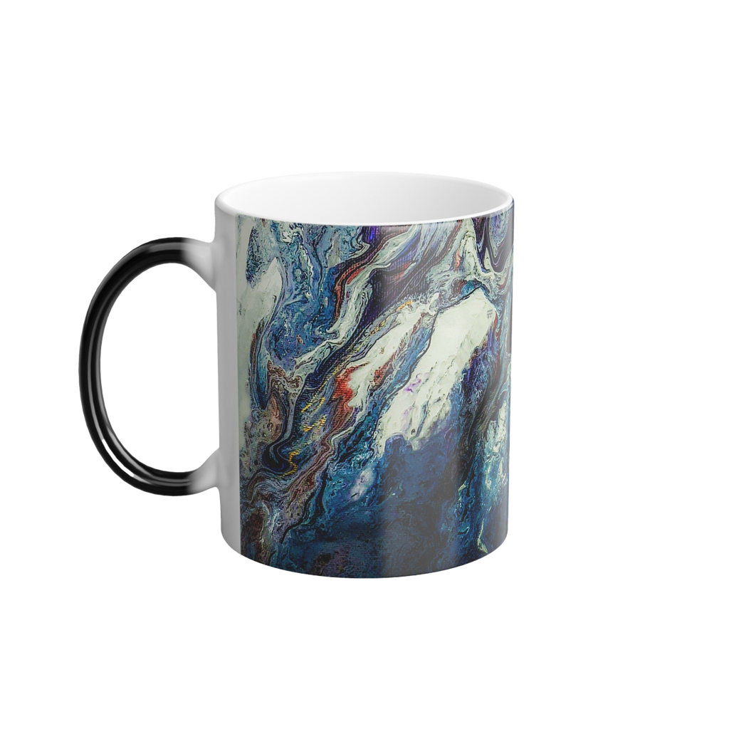 Freebrd Abstract Art Color Changing Mug displaying navy, white, gold, magenta, black and shades of red