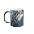 Freebrd Abstract Art Color Changing Mug displaying navy, white, gold, magenta, black and shades of red