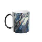 Freebrd Abstract Art Color Changing Mug displaying navy, white, gold, magenta, black and shades of red