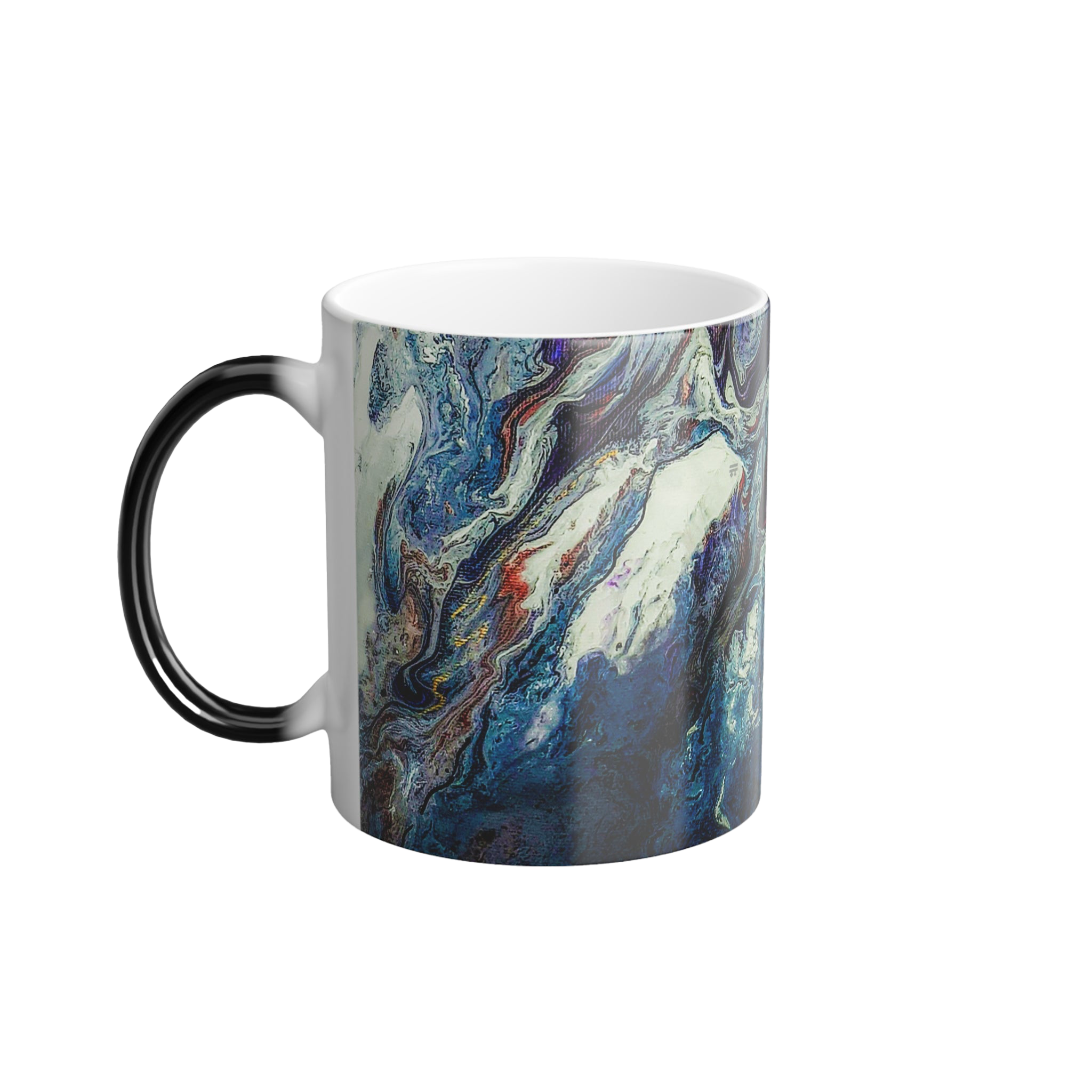 Freebrd Abstract Art Color Changing Mug displaying navy, white, gold, magenta, black and shades of red
