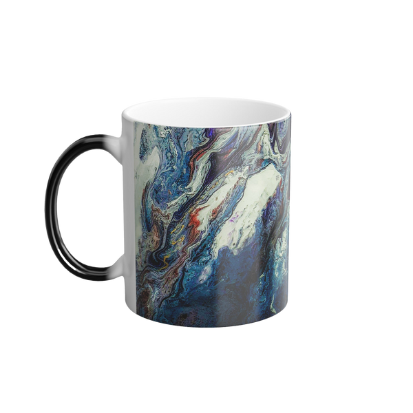 Freebrd Abstract Art Color Changing Mug displaying navy, white, gold, magenta, black and shades of red
