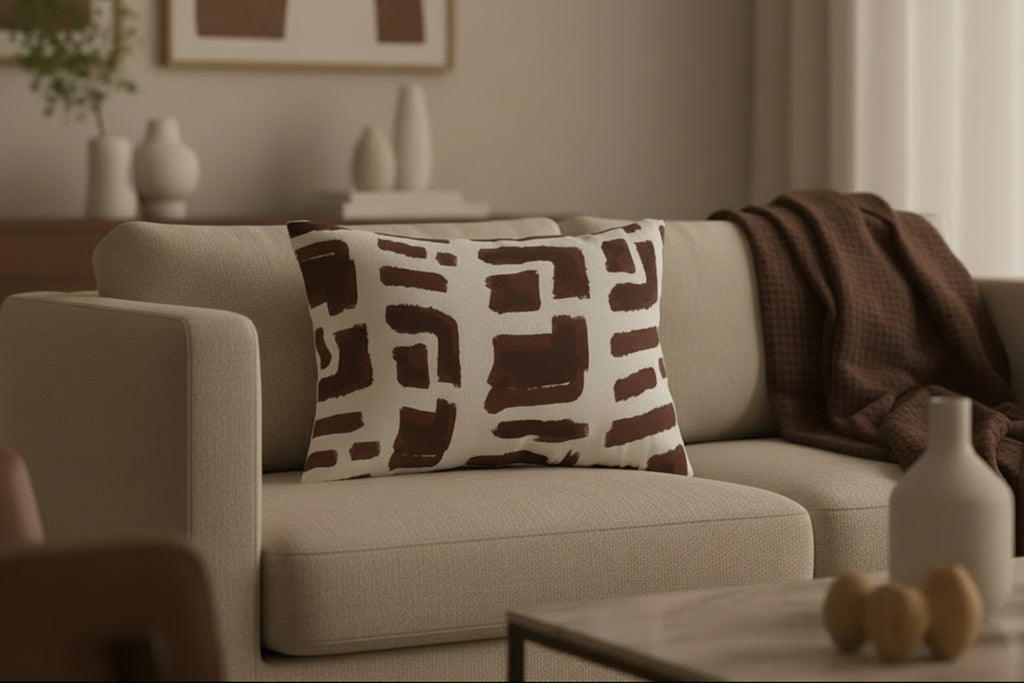 Beige sofa with a Abstract Brown Brushstroke Lumbar Pillow in a living room setting.