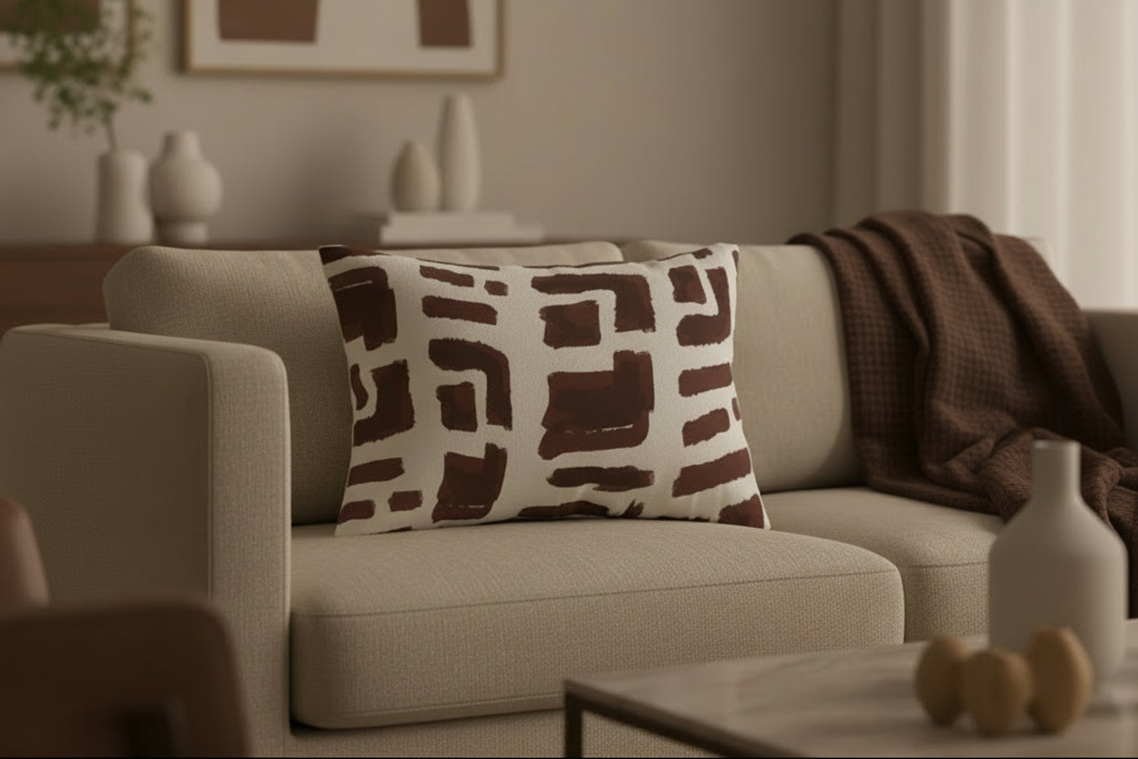 Beige sofa with a Abstract Brown Brushstroke Lumbar Pillow in a living room setting.
