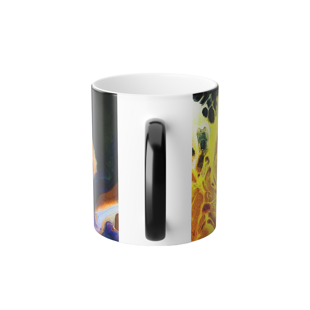 Ceramic color changing mug with a colorful Abstract Lava Swirl Color-Morph heat sensitive Mug with a marbled like design showcasing shades of red, yellow, purple and black; Black c shaped handle that is black and turns white when temperature is hot
  