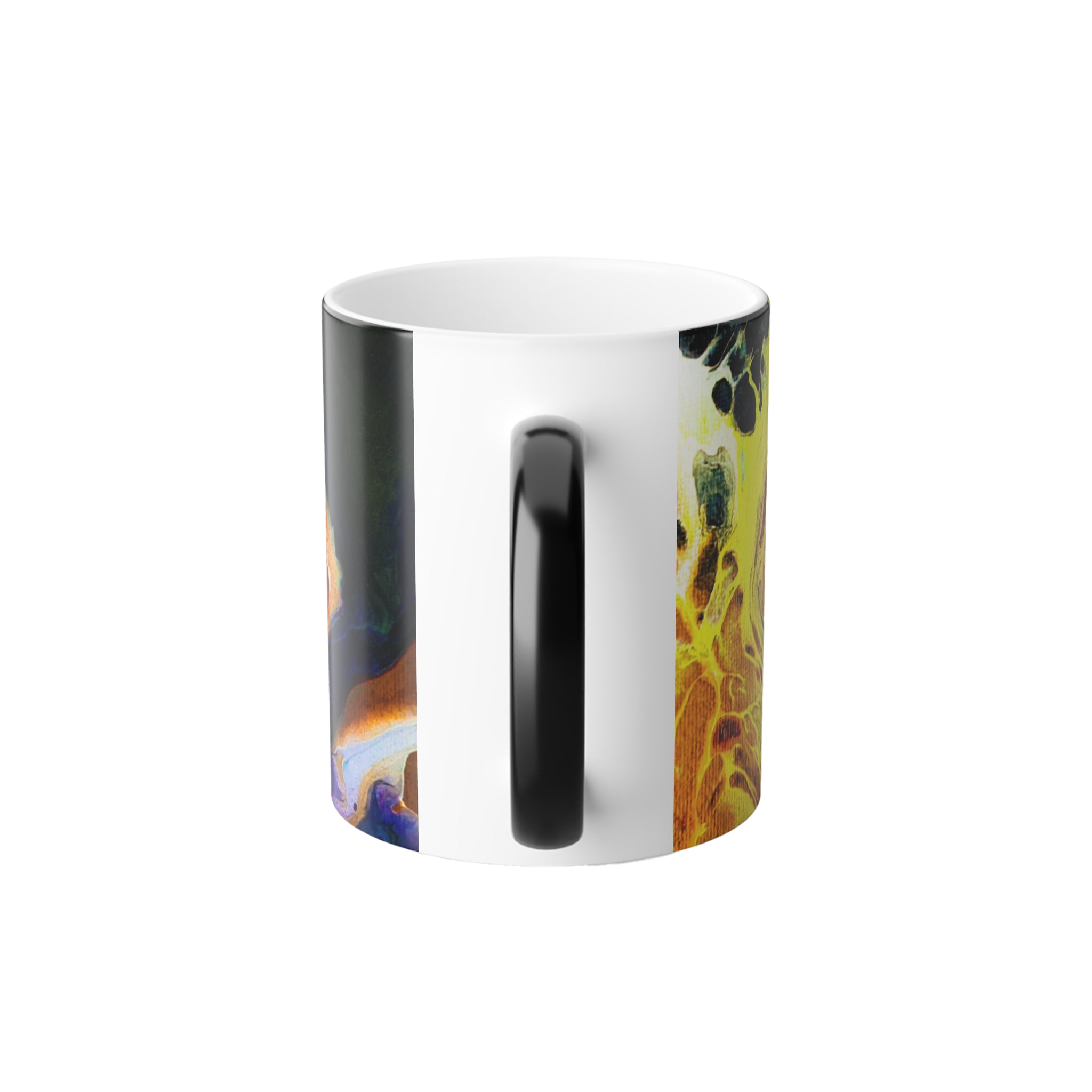 Ceramic color changing mug with a colorful Abstract Lava Swirl Color-Morph heat sensitive Mug with a marbled like design showcasing shades of red, yellow, purple and black; Black c shaped handle that is black and turns white when temperature is hot
  