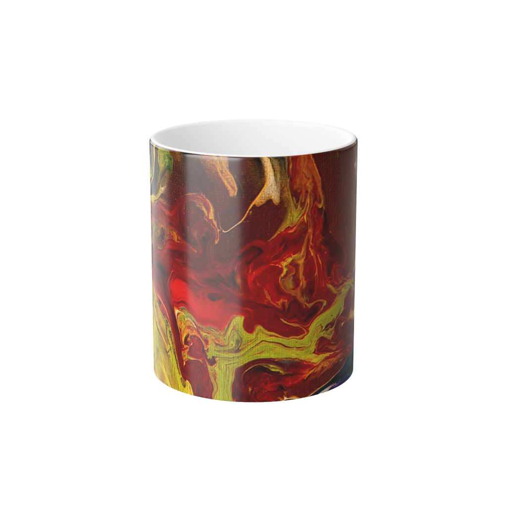 Ceramic mug with a colorful Abstract Lava Swirl Color-Morph Mug marbled like design showcasing shades of red, yellow, purple and black. 