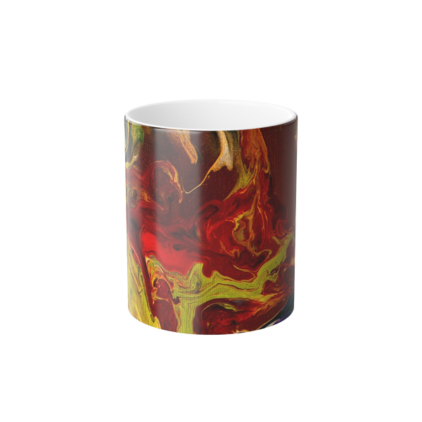 Ceramic mug with a colorful Abstract Lava Swirl Color-Morph Mug marbled like design showcasing shades of red, yellow, purple and black. 