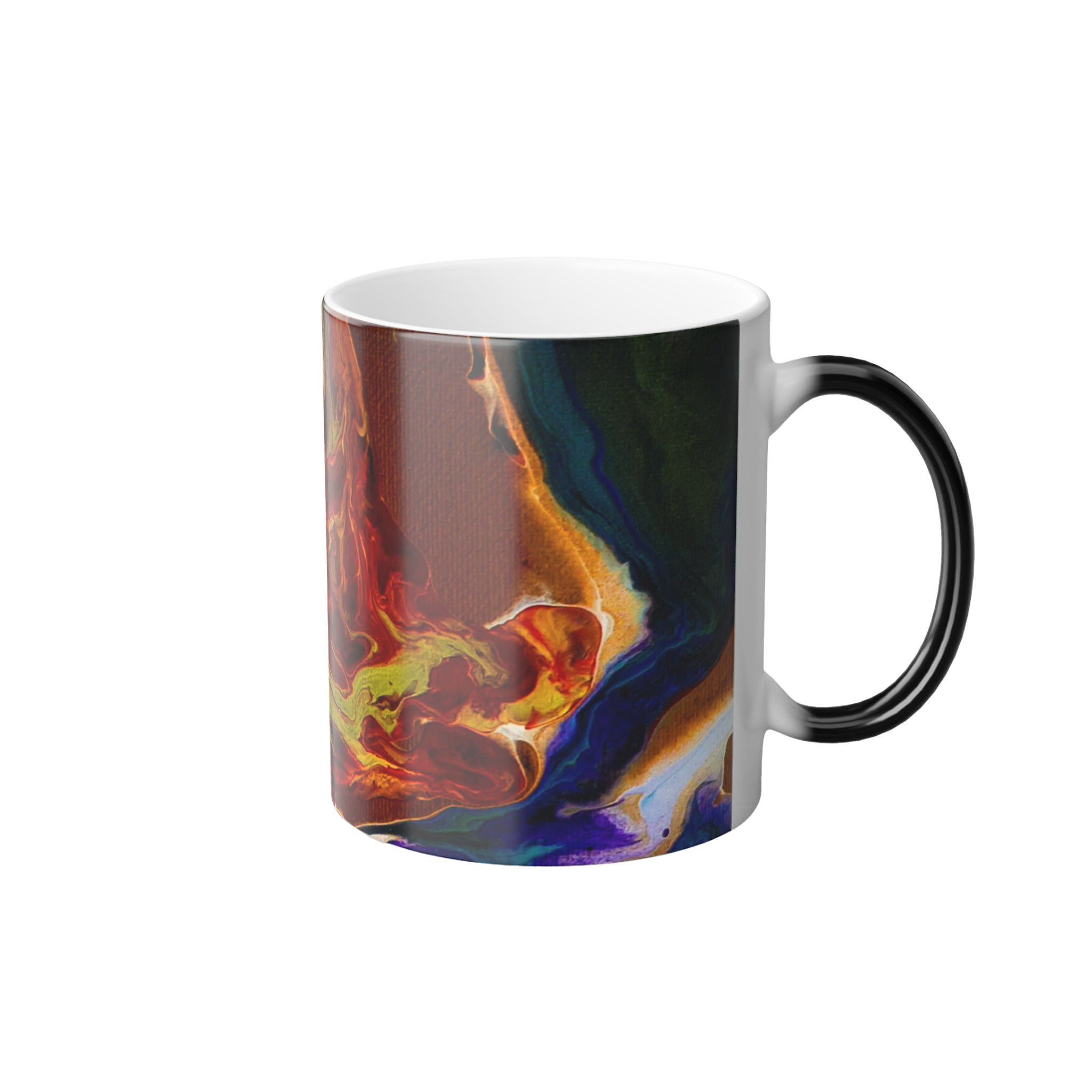 Ceramic color changing mug with a colorful Abstract Lava Swirl Color-Morph heat sensitive Mug with a marbled like design showcasing shades of red, yellow, purple and black; Black c shaped handle that is black and turns white when temperature is hot

 
