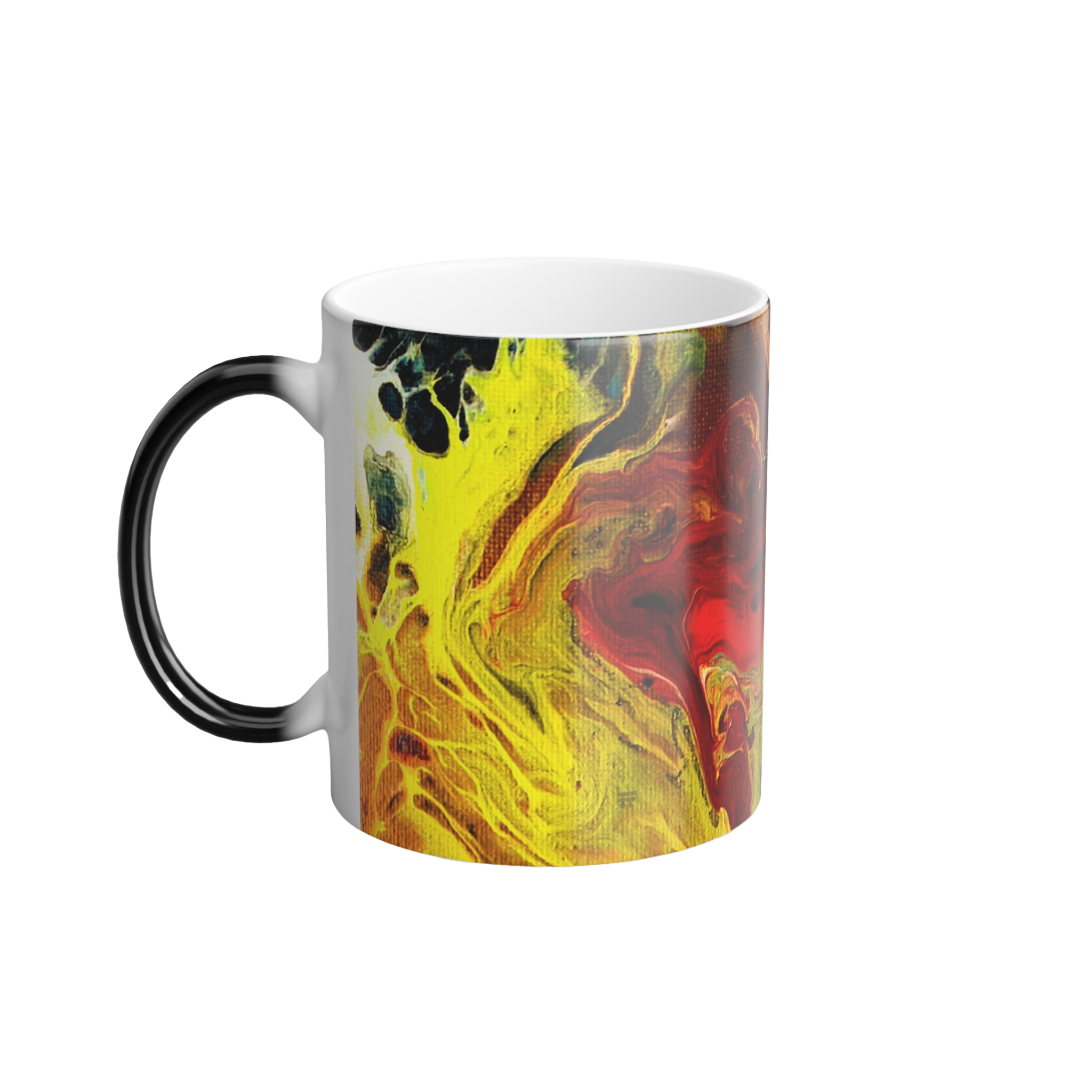 Ceramic color changing mug with a colorful Abstract Lava Swirl Color-Morph heat sensitive Mug with a marbled like design showcasing shades of red, yellow, purple and black; Black c shaped handle that is black and turns white when temperature is hot

 
