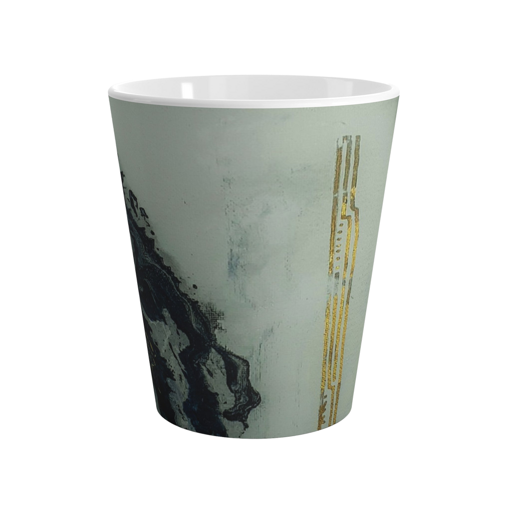 White mug with marbled design and gold accents 
