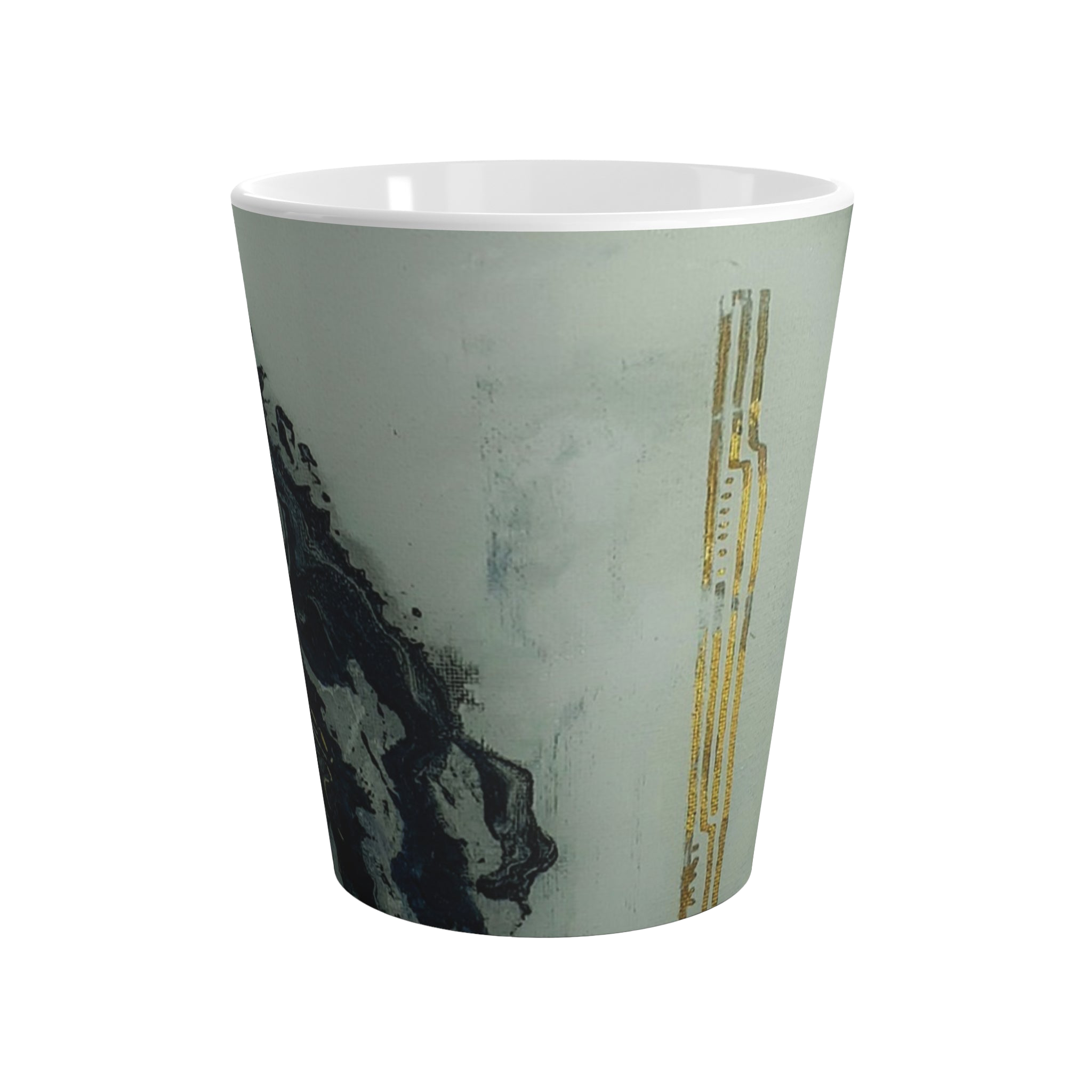 White mug with marbled design and gold accents 
