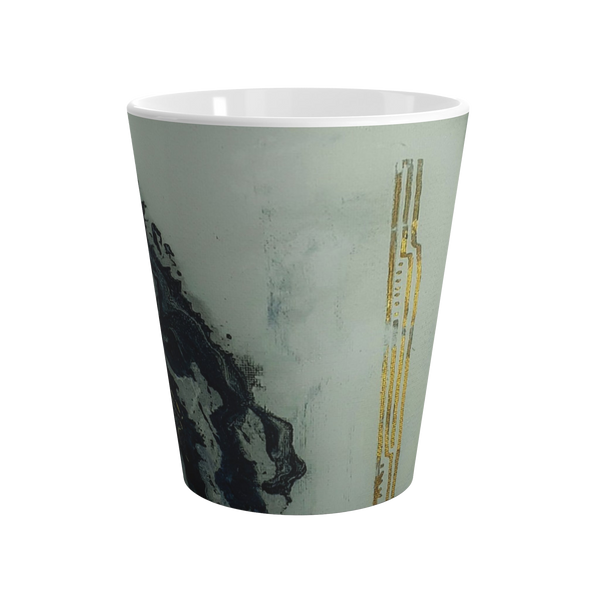 White mug with marbled design and gold accents 
