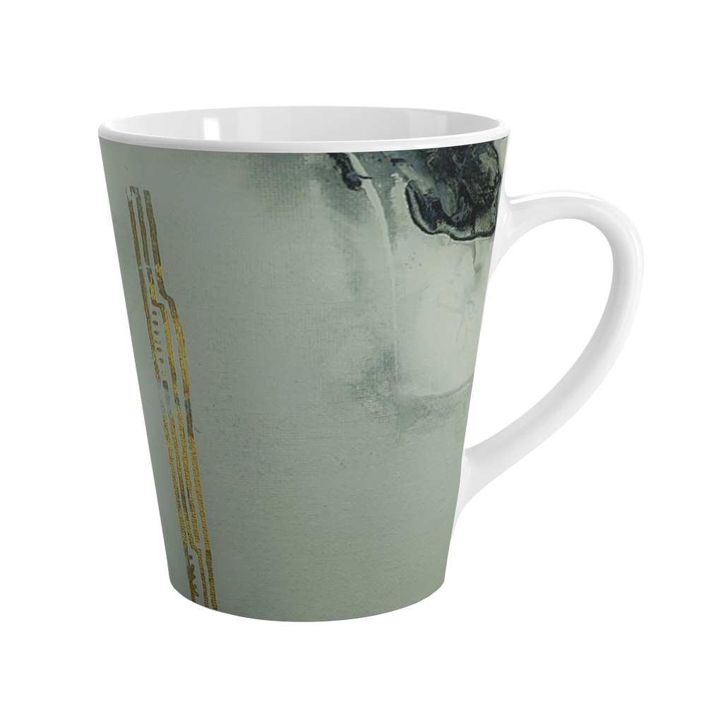 White mug with marbled design and gold accents 

