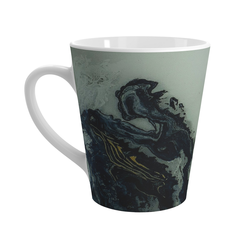 White mug with marbled design with black and gold accents 