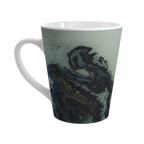 White mug with marbled design with black and gold accents 