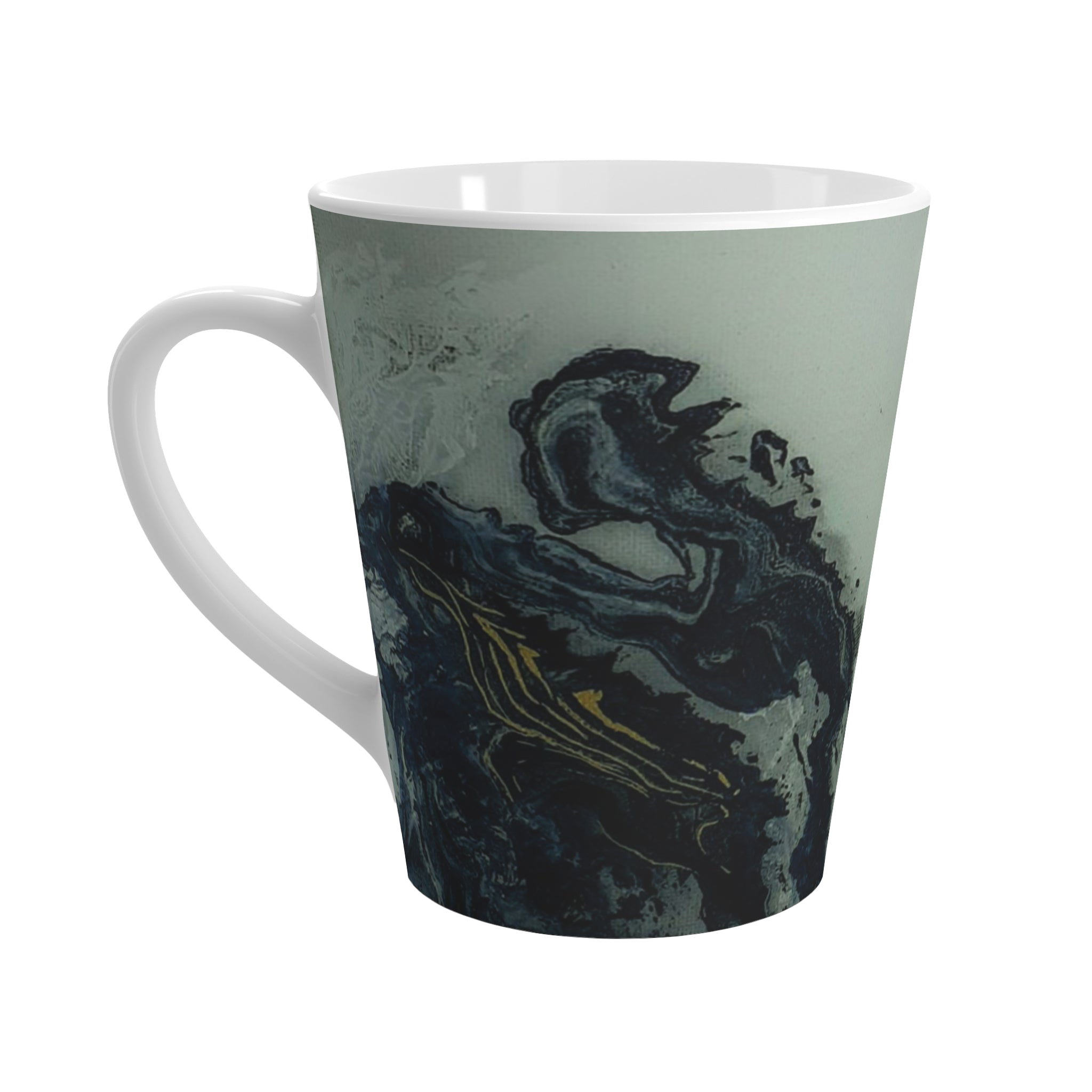 White mug with marbled design with black and gold accents 