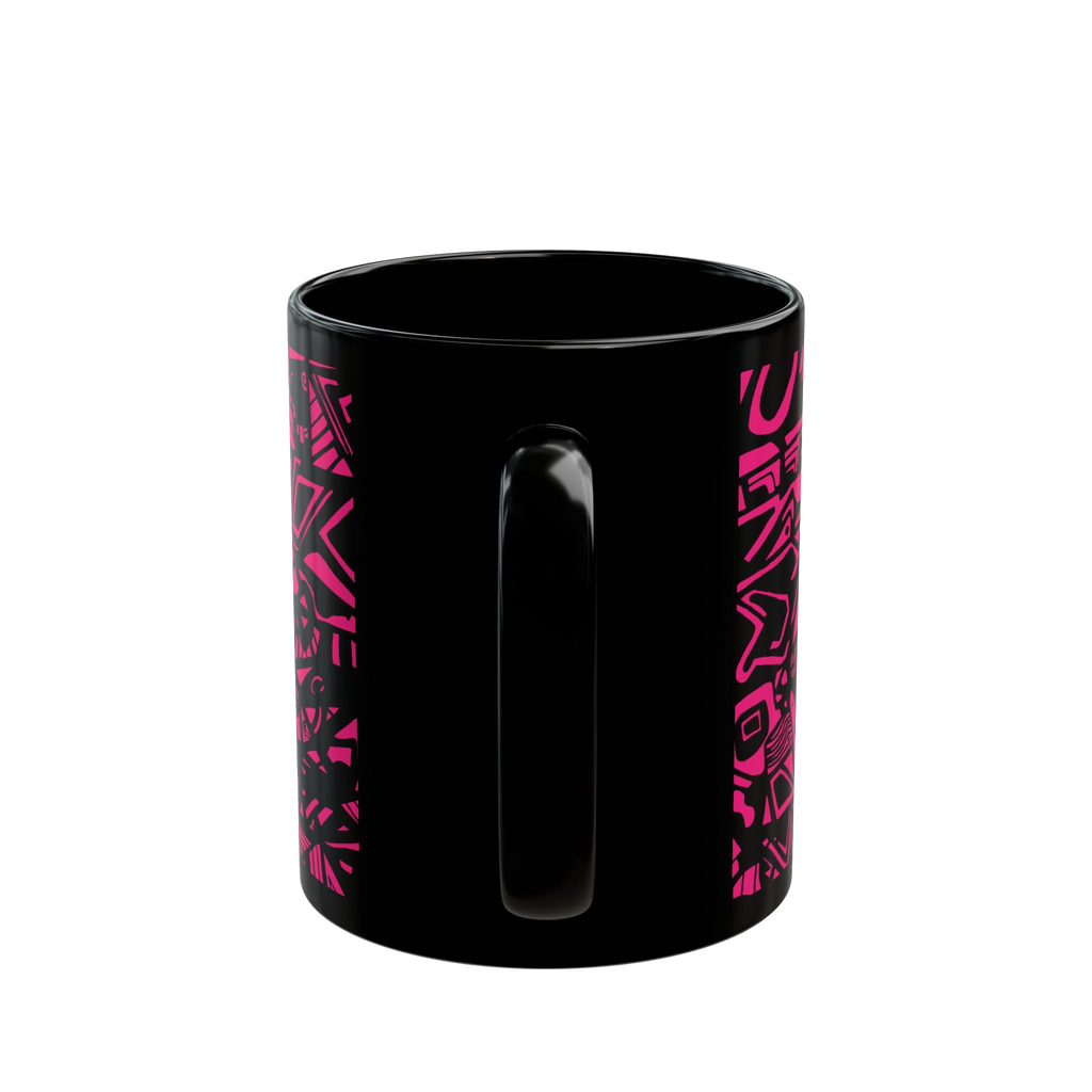 Glossy Black cup with neon pink Freebrd "Medicolo" abstract pattern  


