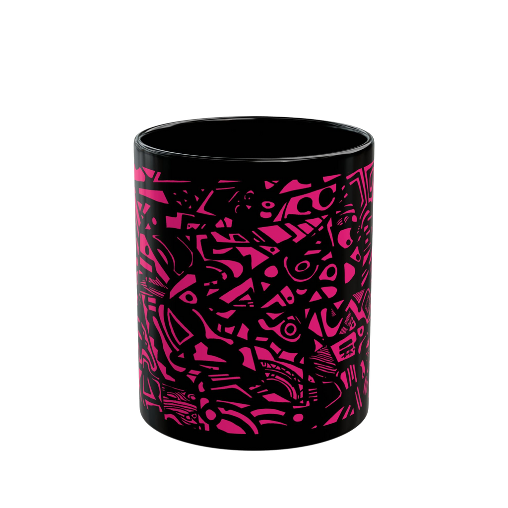 Glossy Black cup with neon pink Freebrd "Medicolo" abstract pattern  

