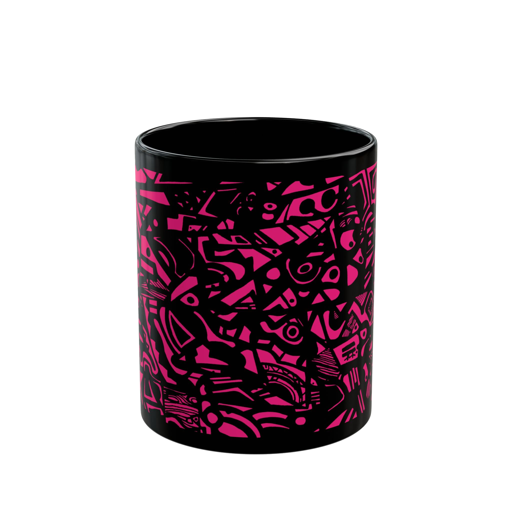 Glossy Black cup with neon pink Freebrd "Medicolo" abstract pattern  
