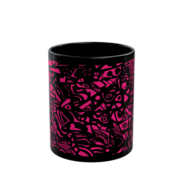 Glossy Black cup with neon pink Freebrd "Medicolo" abstract pattern  
