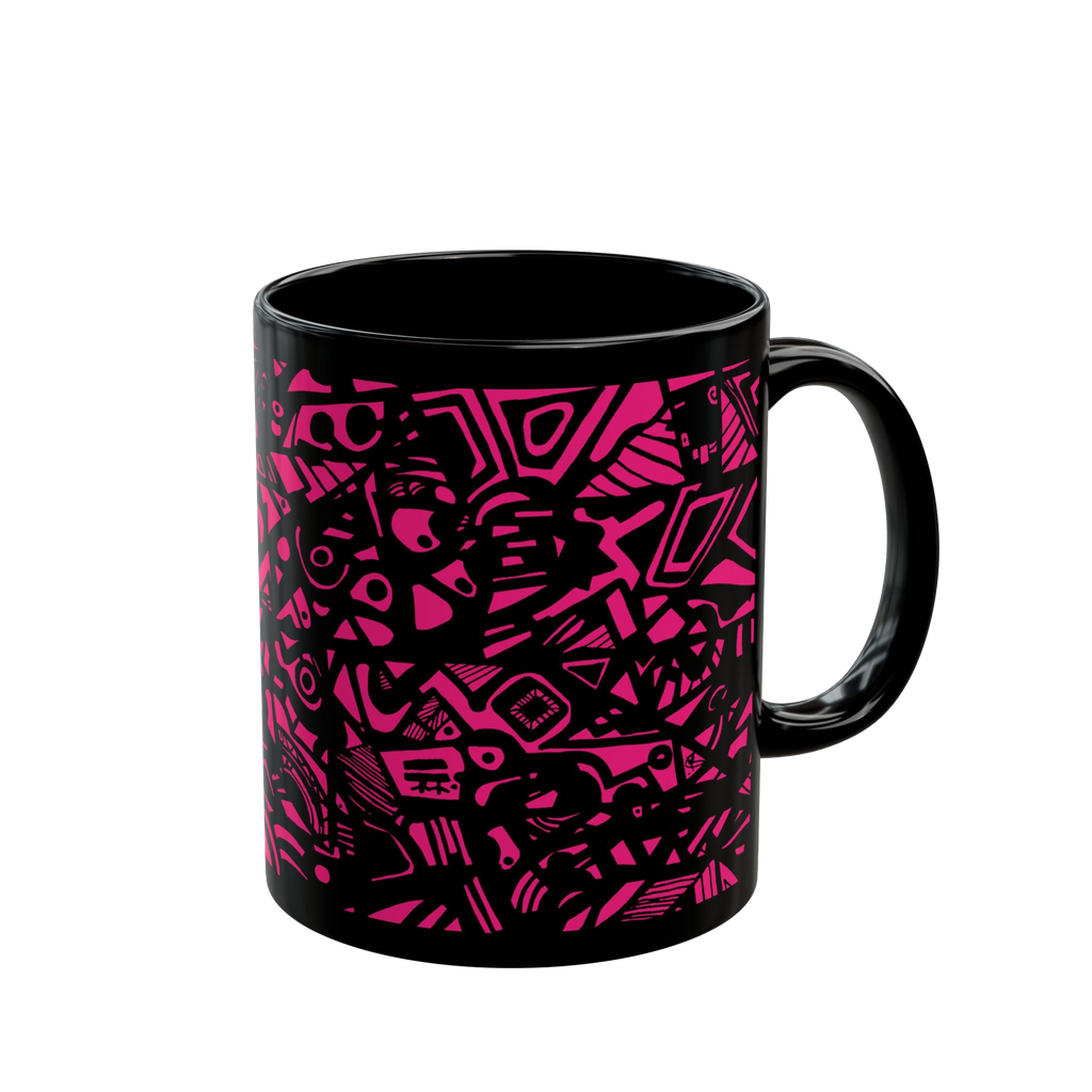 Glossy Black cup with neon pink Freebrd "Medicolo" abstract pattern  


