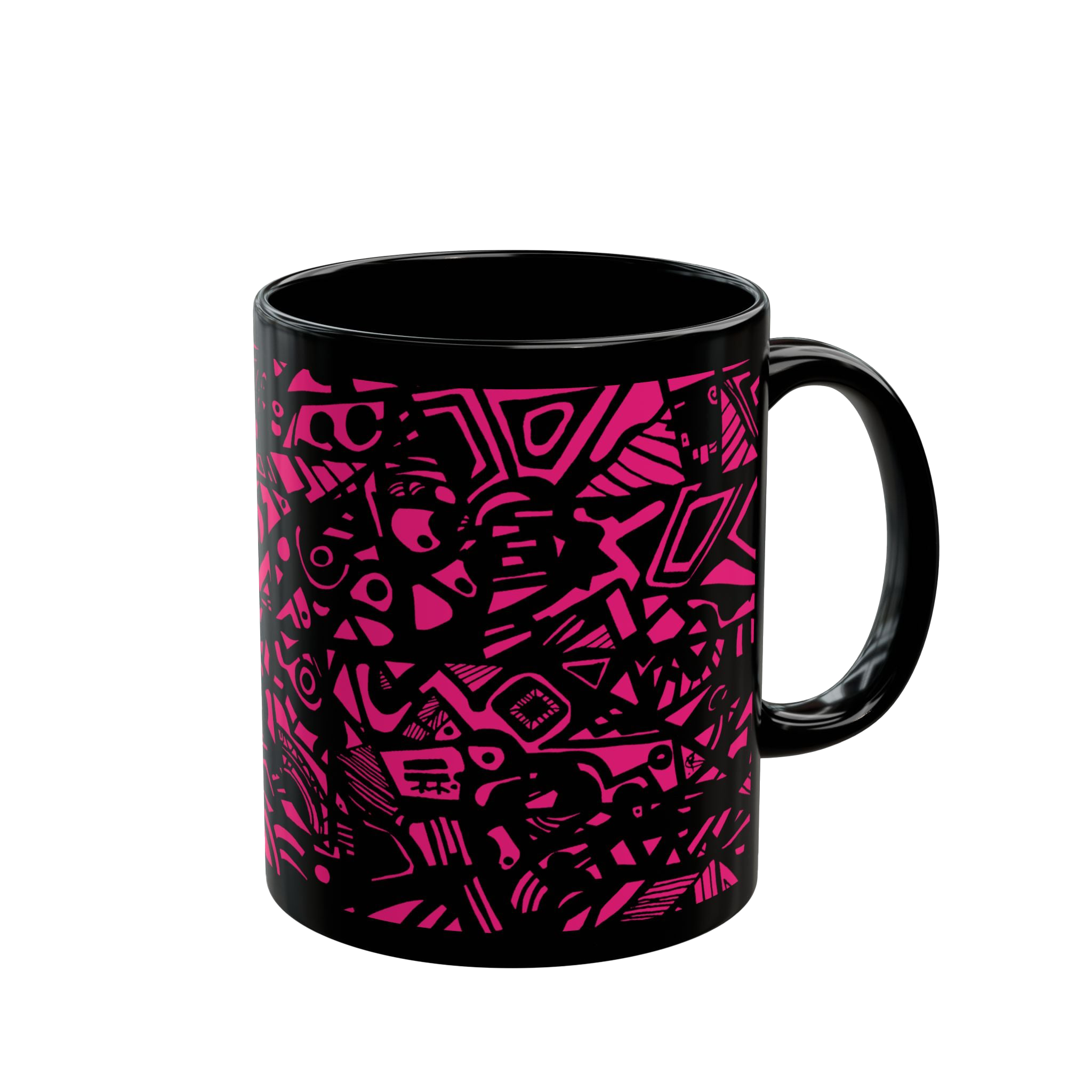 Glossy Black cup with neon pink Freebrd "Medicolo" abstract pattern  


