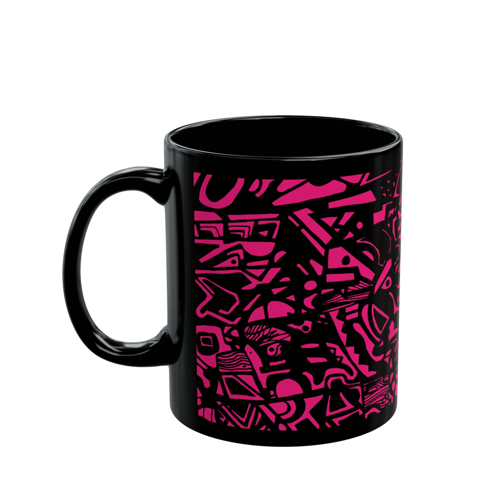Glossy Black cup with neon pink Freebrd "Medicolo" abstract pattern  


