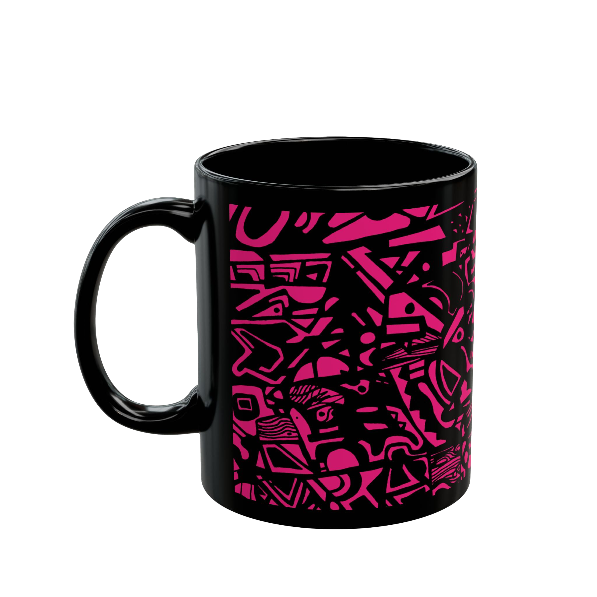 Glossy Black cup with neon pink Freebrd "Medicolo" abstract pattern  


